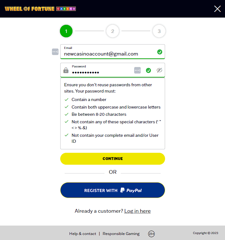 wheel of fortune casino account creation step 1