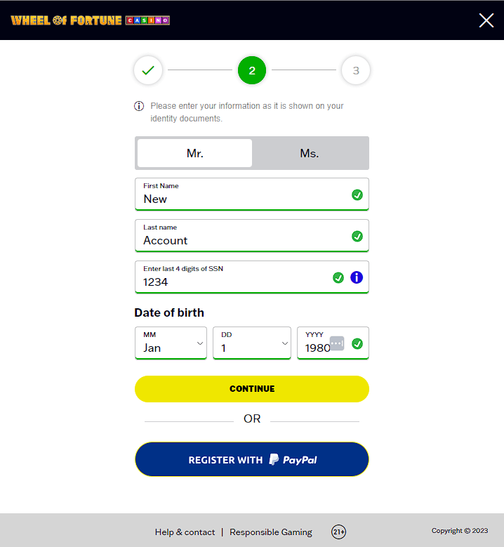 wheel of fortune casino account creation step 2