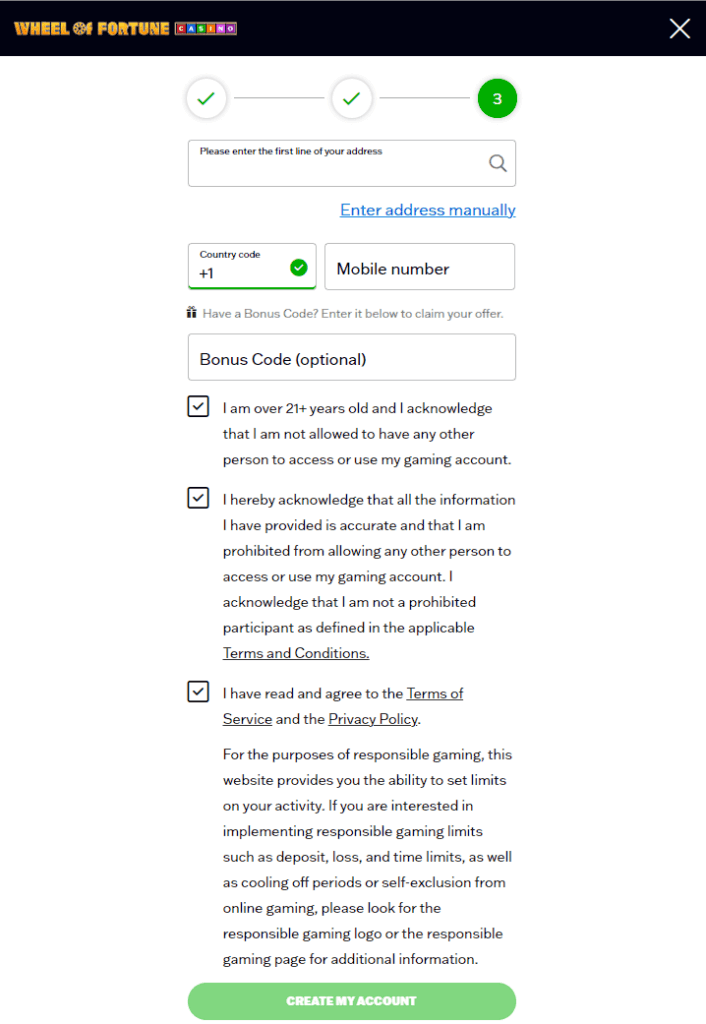 wheel of fortune casino account creation step 3